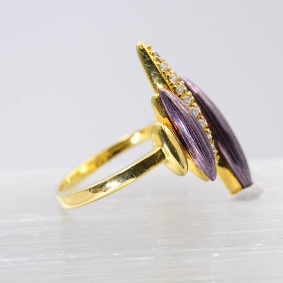 18K Vintage Purple Enamel Ring With Pave Set Diamonds - Picture 7 of 10